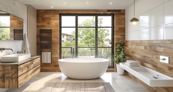 Badezimmer mit Badewanne und Blick nach Draußen