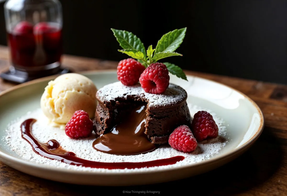 Schokodessert-mit-flüssigem-Kern-auf-Teller-angerichtet