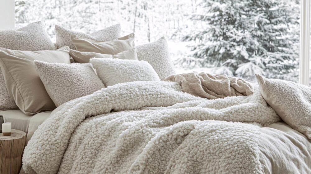 Verschneiter Tag draußen, innen Winterdecke und Winterkissen