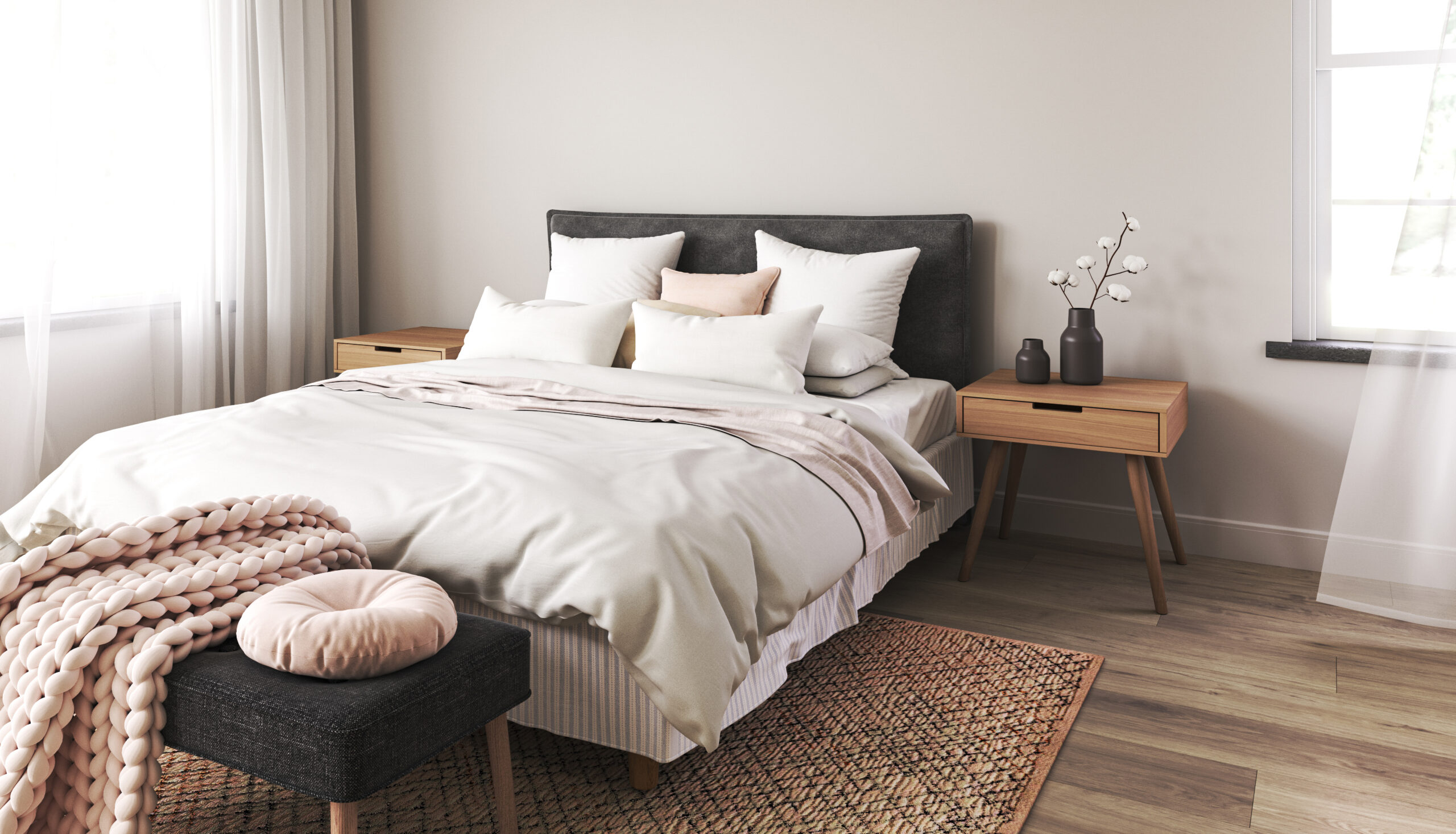Ein Schlafzimmer mit Sommerbettwäsche und Schlafzimmer-Deko